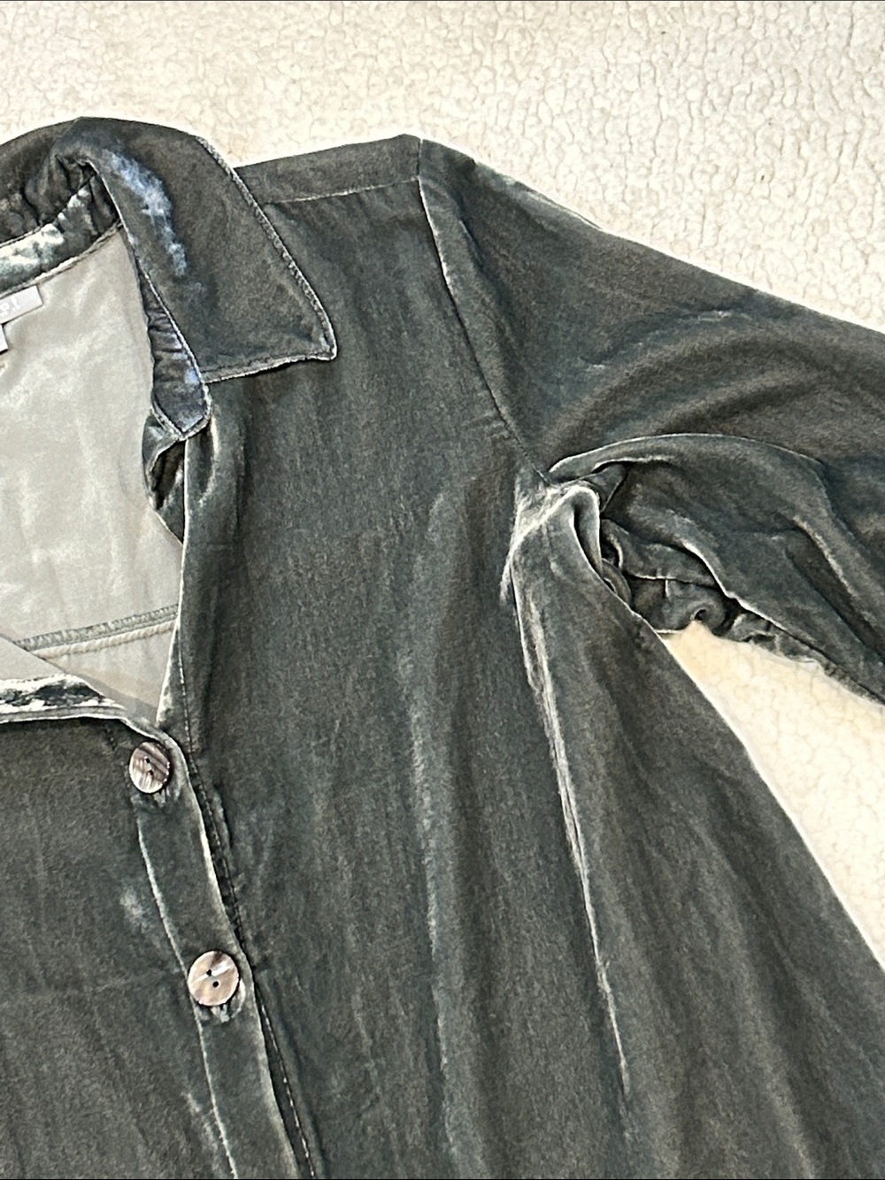 Habitat Velvet Button Down Tunic Blouse Top XS Olive Khaki Green Gray Lagenlook - Picture 5 of 15